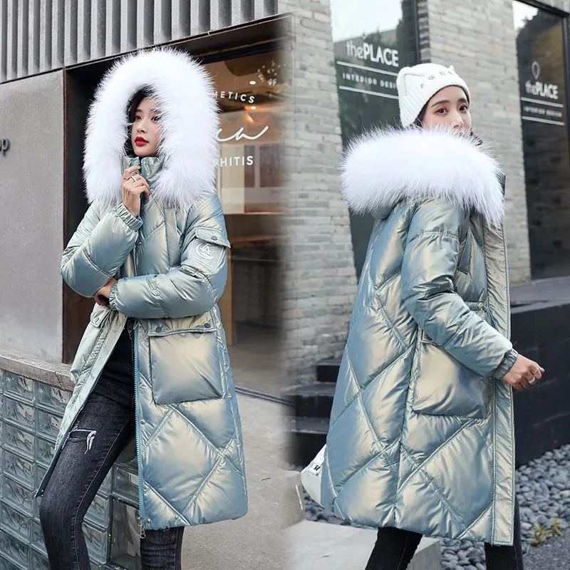 2023 New Glossy Down Cotton-Padded Jacket Women\'s Coat Joker Loose Padded Warm   Outcoat Fashion Casual Fur Collar Outerwear