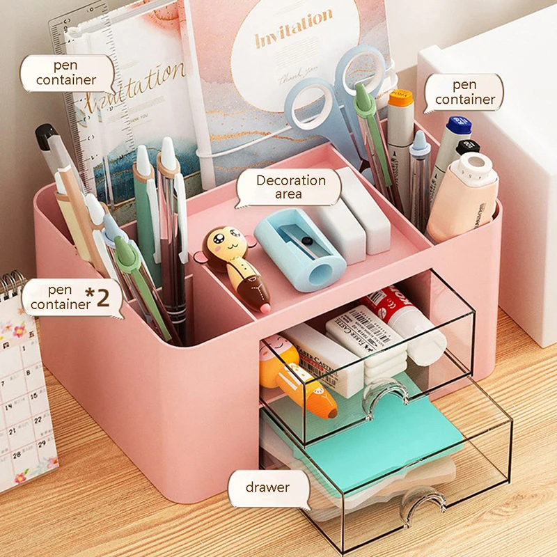 Eenvoudige Pennenhouder Met Lade Multifunctionele Desktop Organizer Kantoorbenodigdheden Opbergdoos Studentenbureau Decoraties