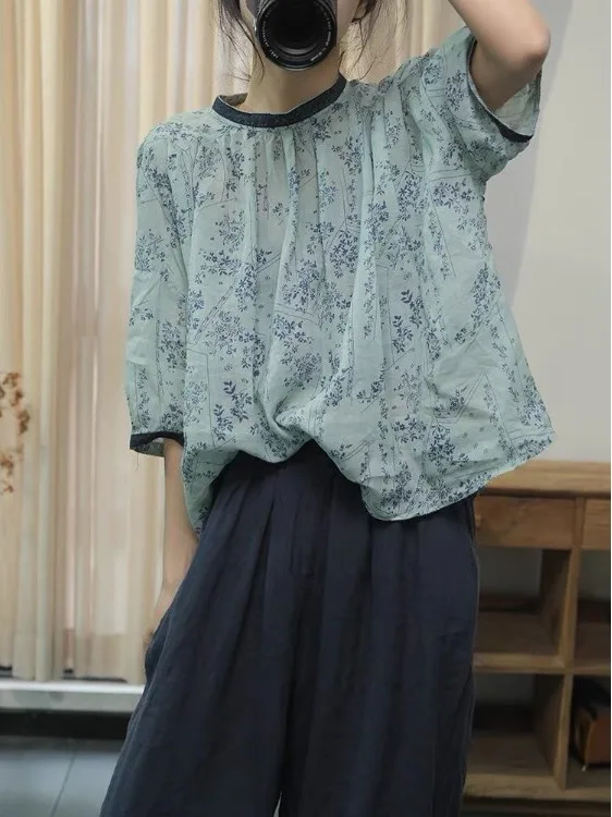 Summer 2025 Loose Fit Printed irt Thin Contrast Color  Commute Sle Women's irt Two-Way Wear Casual Faion Trend