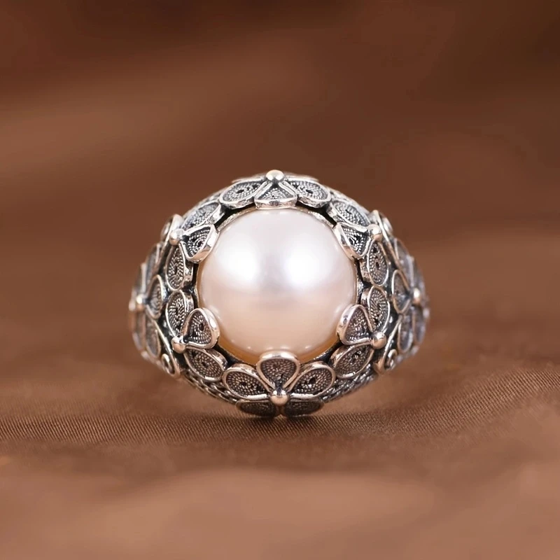 Fashion Elegant Carve Flower Imitation Pearl Adjustable Ring for Women Charm Engagement Wedding Ring Party Jewelry Gifts