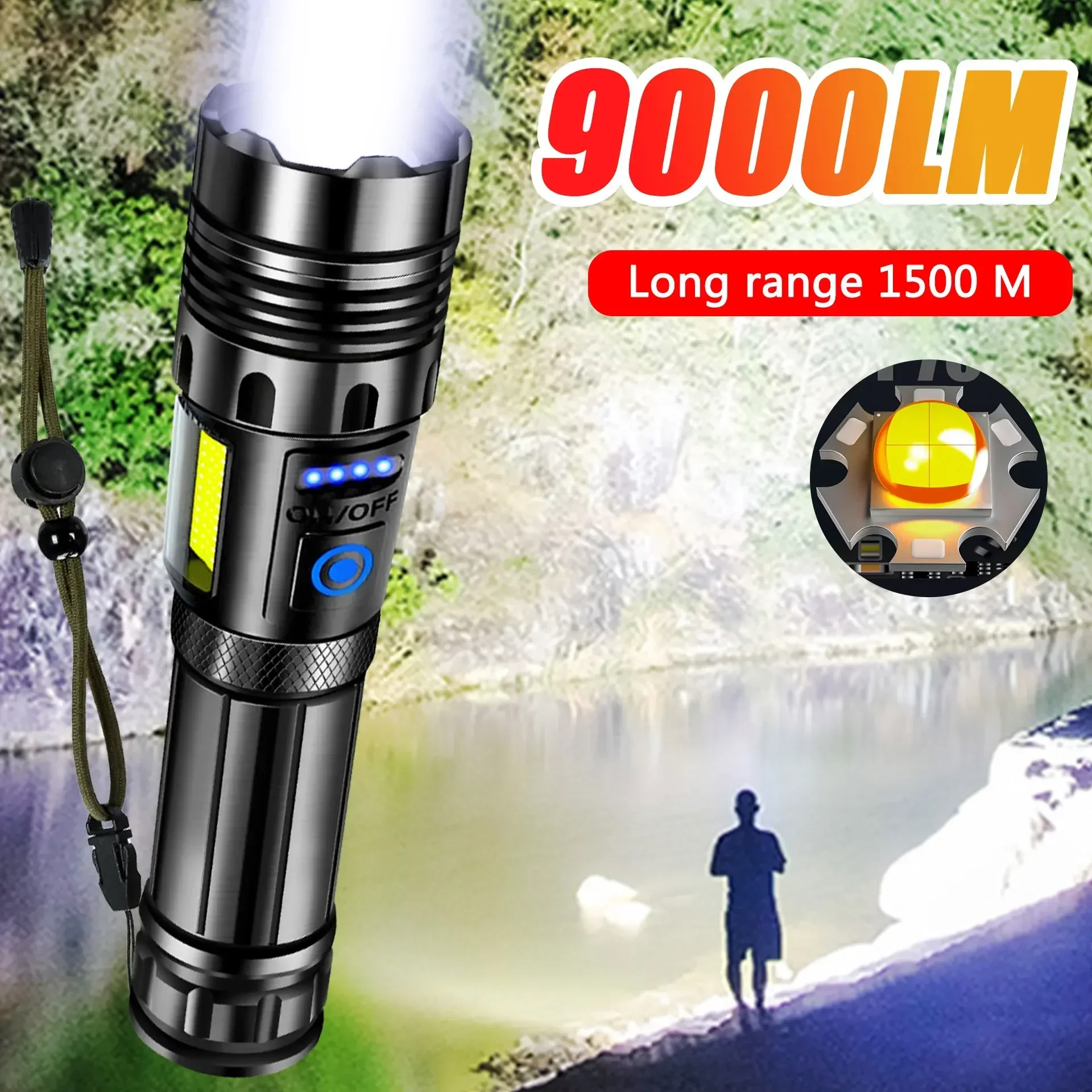 P70 Flashlight USB Charging COB Red Side Light Telescopic Zoom Output Mobile Phone Charging Smart Power Display Portable Light