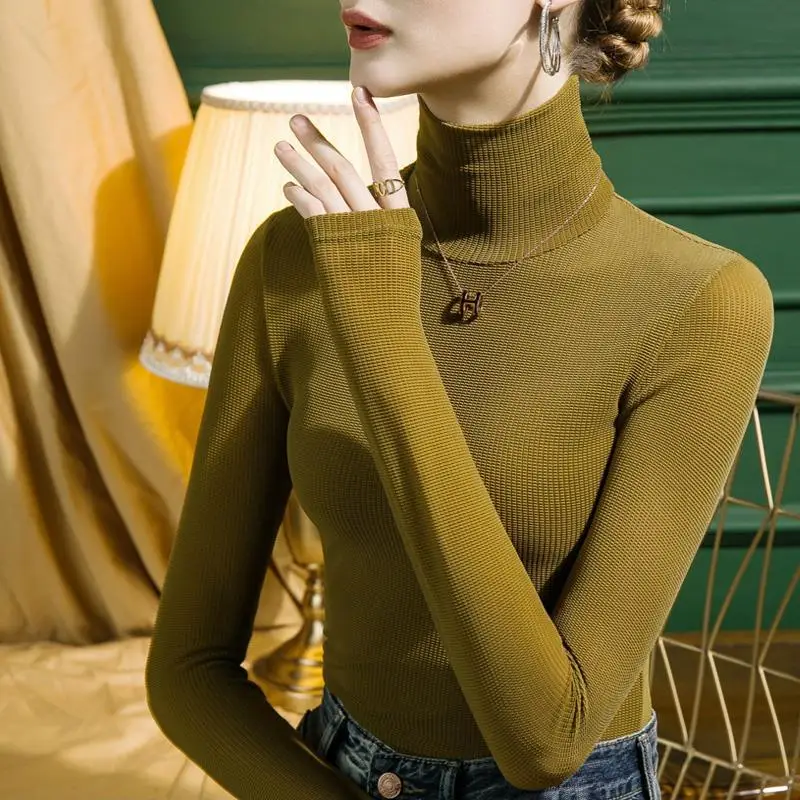 Boweylun New High Neck Lace Mesh Bottoming Shirt Female Padded Warm Slim Spring and Autumn Inner Long-sleeved Solid Color Blouse