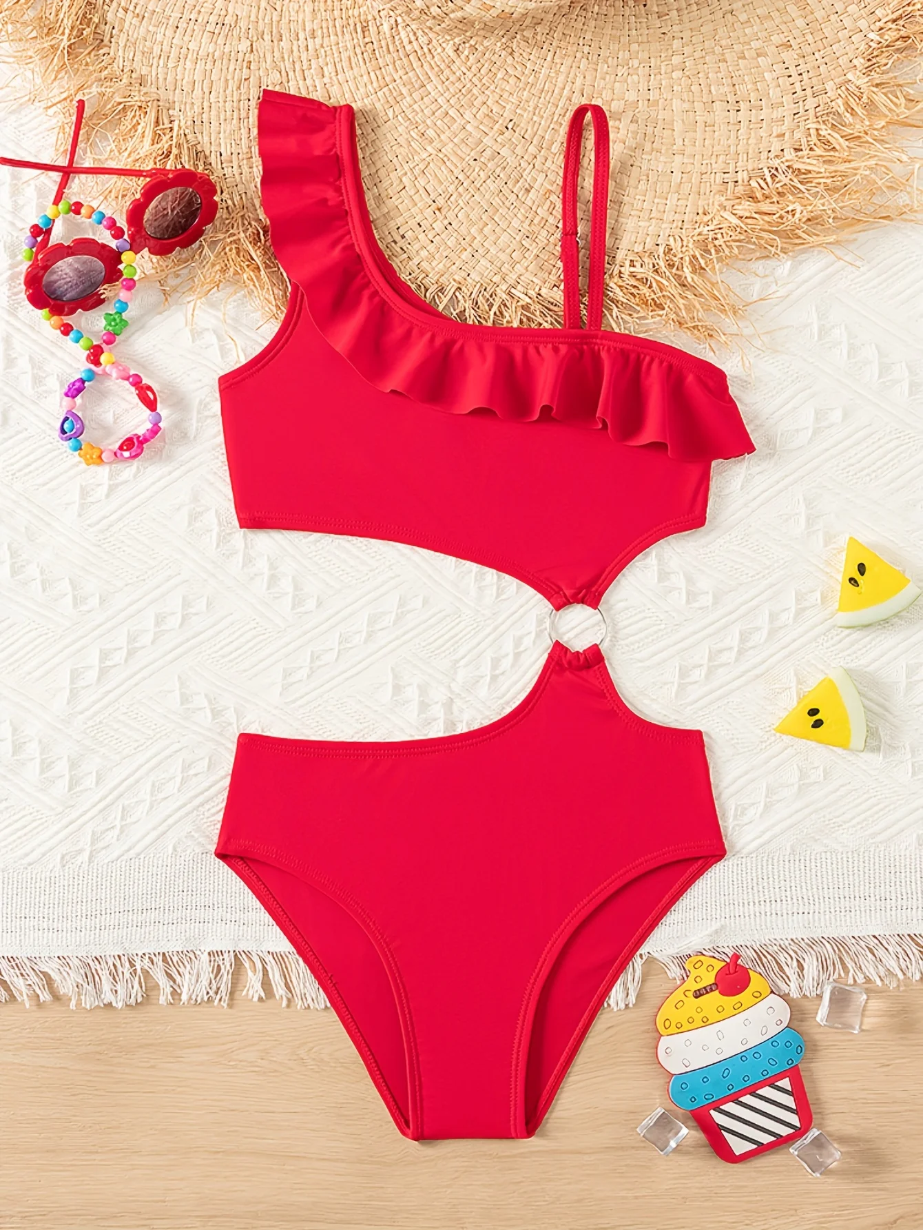Kreativer 1-teiliger Patchwork-Badeanzug, asymmetrischer Badeanzug mit Rüschen an der Schulter, geeignet für Badebekleidung im Pool, am Strand, im Urlaub