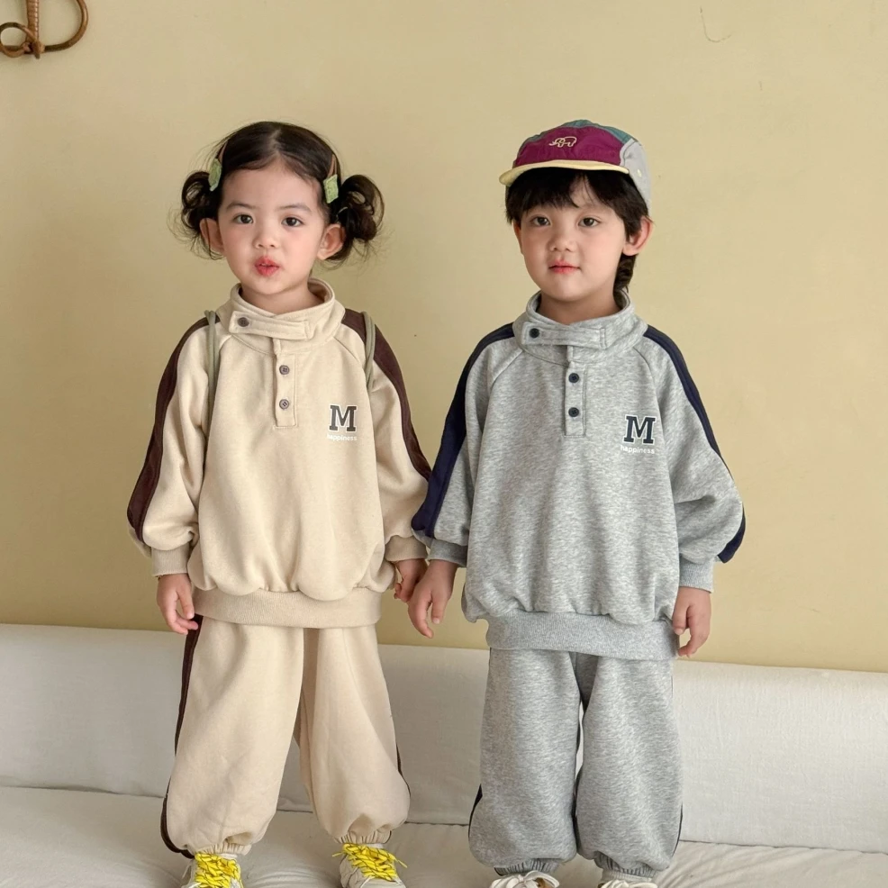 Toddlers Matching Set Letter Print Baby Boys Girls Stand Collar Full Sleeve Tracksuit Children's Pullover Trousers 2 Pieces Suit