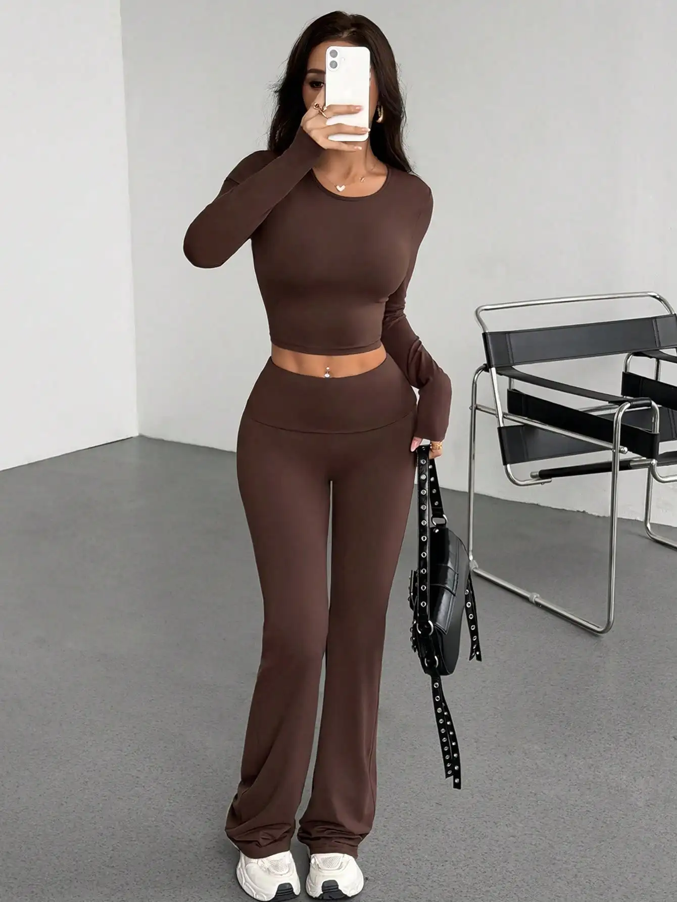 브라운 여성용 2피스 긴팔 크롭탑 & 하이웨이스트 팬츠 세트, 데일리 캐주얼 스트리트웨어, 가을