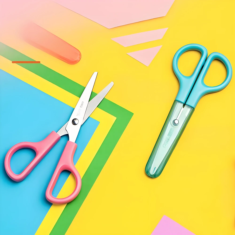 DELI Safty Scissors for Kids Student DIY Paper Scissors 122mm With Sleeve Cutting Tool Stationery