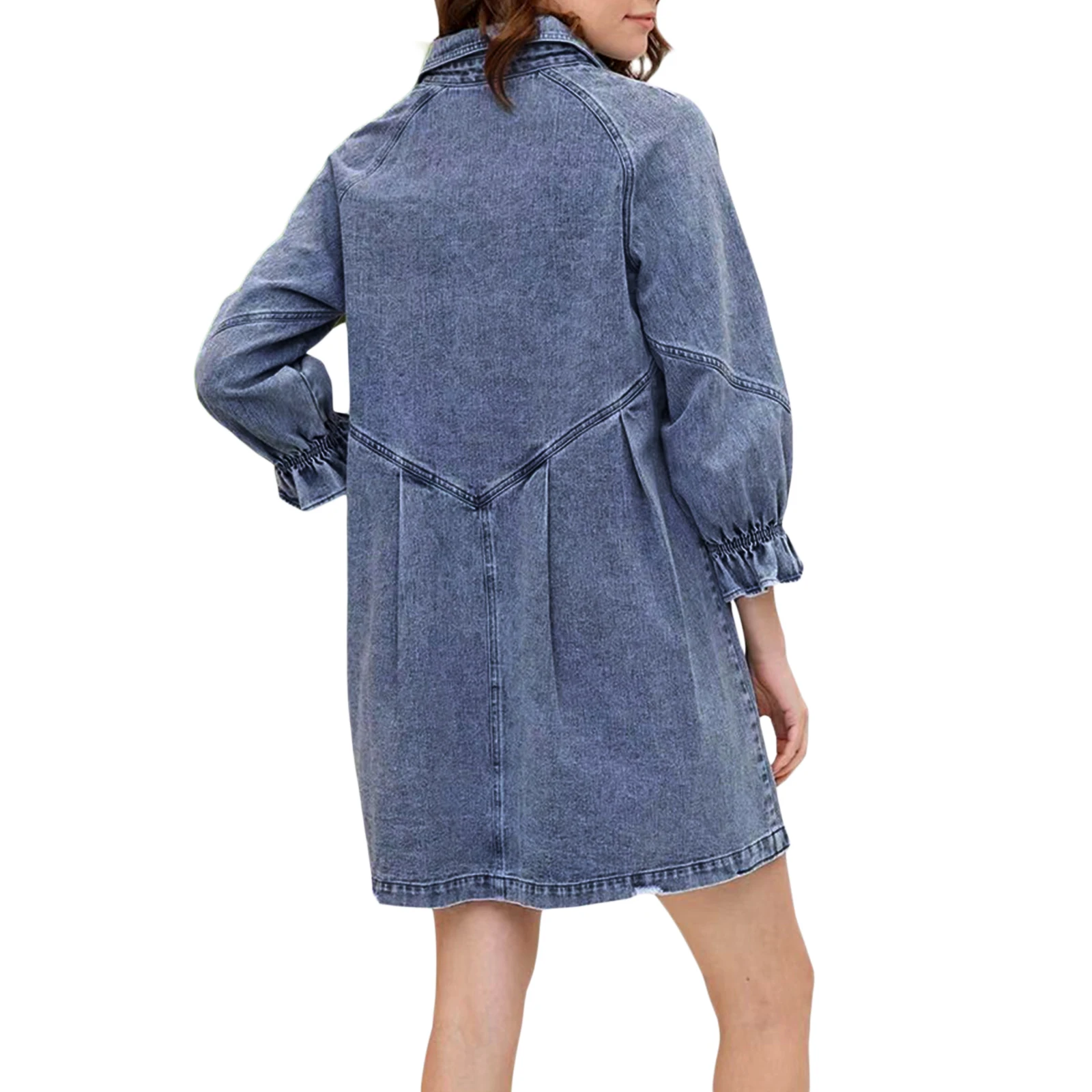 Midiross Shirt Dress Denim New Jeans Dresses Women Loose Casual Turn Down Collar 3/4 Lantern Sleeve