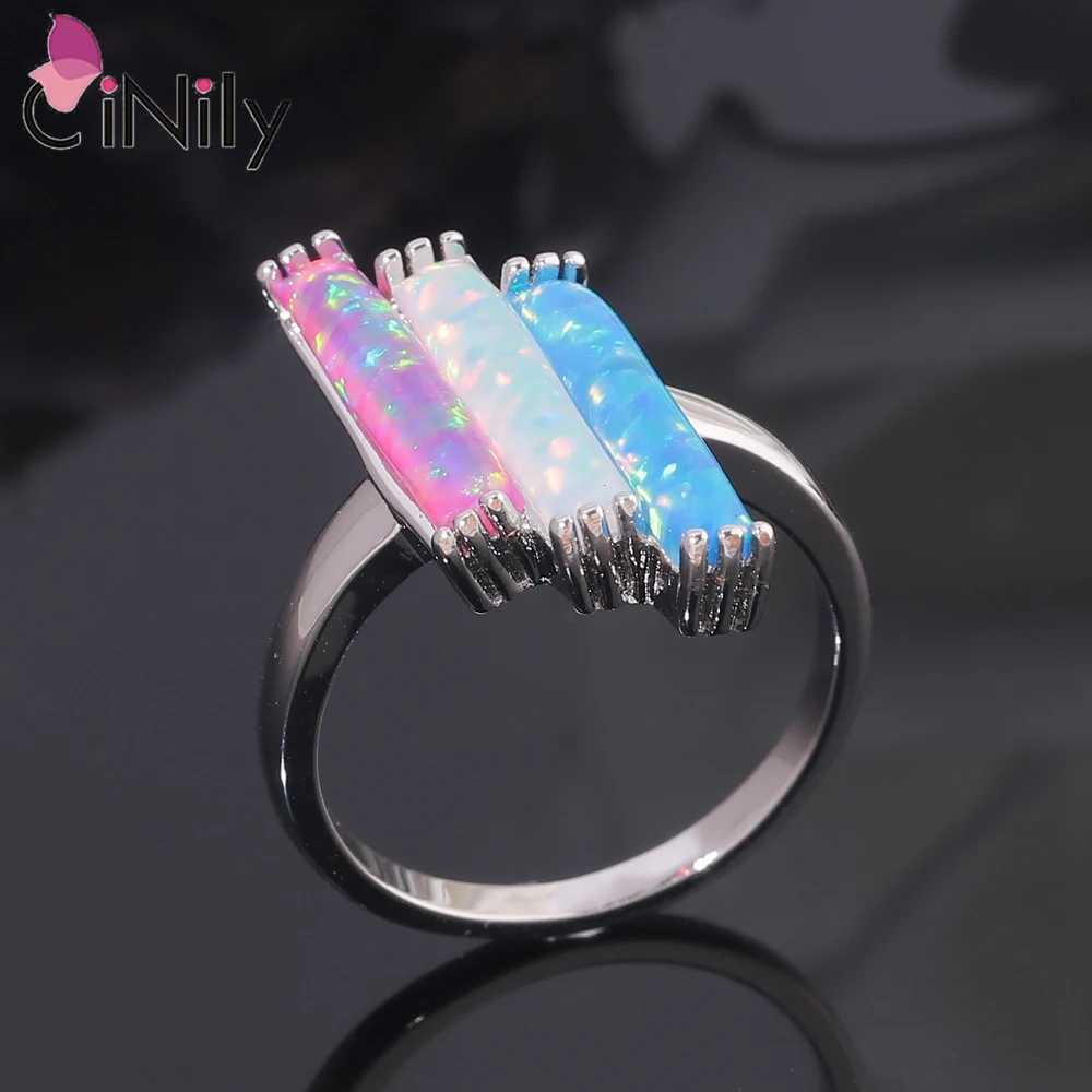 CiNily Tricolor Stone Rings Created Pink White Blue Fire Opal Silver Plated For Women Wedding Party Fashion Jewelrys Size 7-10