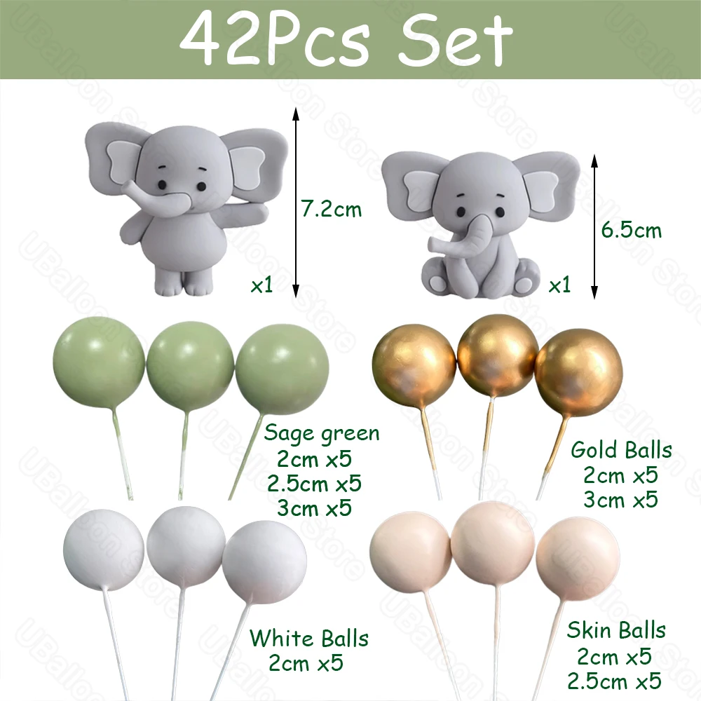 42Pcs Elephant Cake Decoration for Baby Shower Boho Skin Gold Sage Green Balls Cake Toppers for Birthday Baby Shower Cake Decor