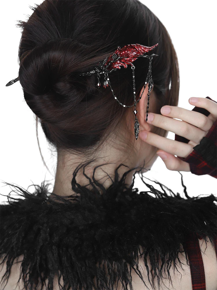 ZHUUHE Red Feather Hair Pins In Cyberpunk Style Are Party Gifts For Women Jewelry Accessories