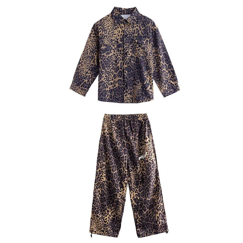 Hip Hop Boys Retro Leopard Print Set K-pop Shirt Tops Pants Child Street Dance Kids Streetwear Girl Group Jazz Clothes