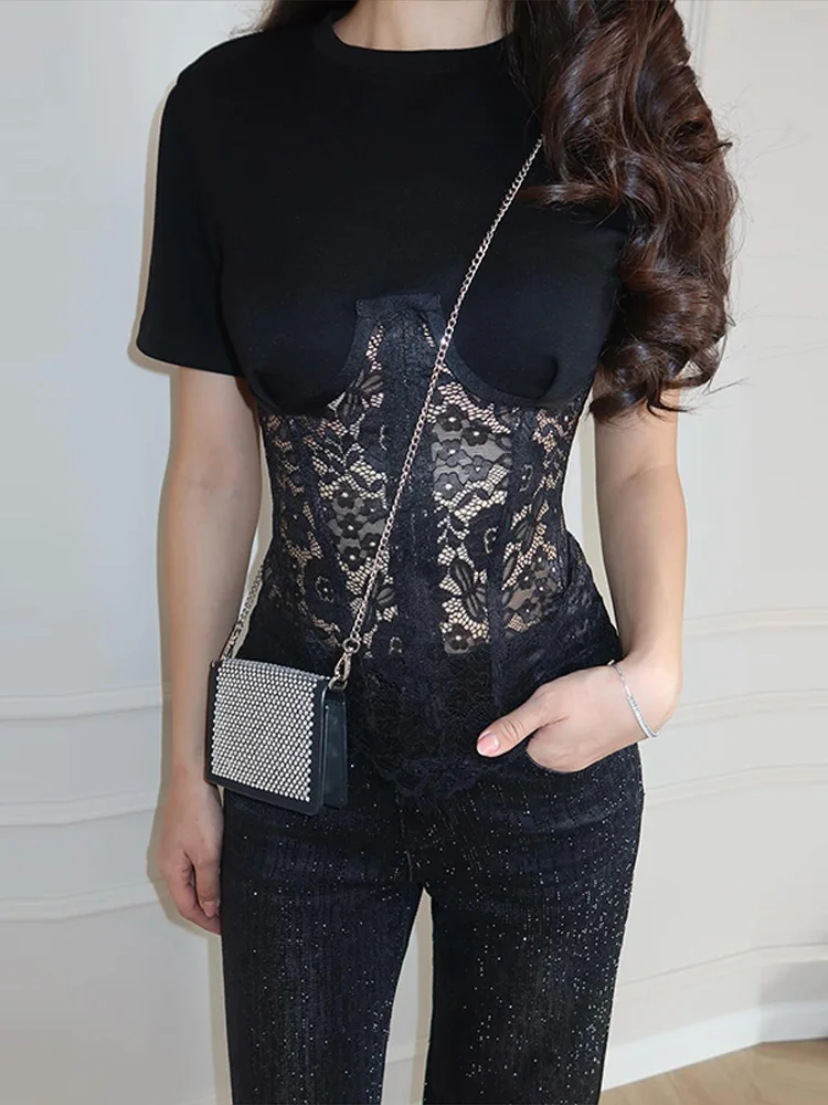 

Модные женские топы с кружевными вставками, сексуальные прозрачные футболки с бандажным эффектом и круглым вырезом, короткий рукав, весна-лето 2026, женский топ в стиле Y2K