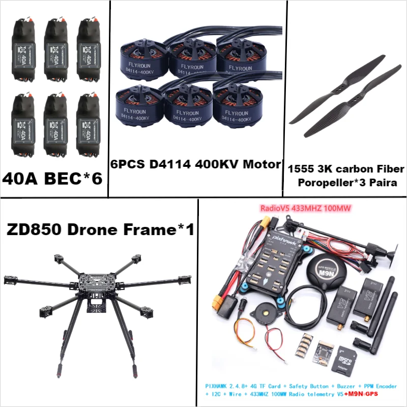 ZD850 Pixhawk 2.4.8 M9N Full Carbon Fiber 850mm Hexa-Rotor Frame BLHELI 40A ESC  Flight Comtrol Rado Telemetry Set