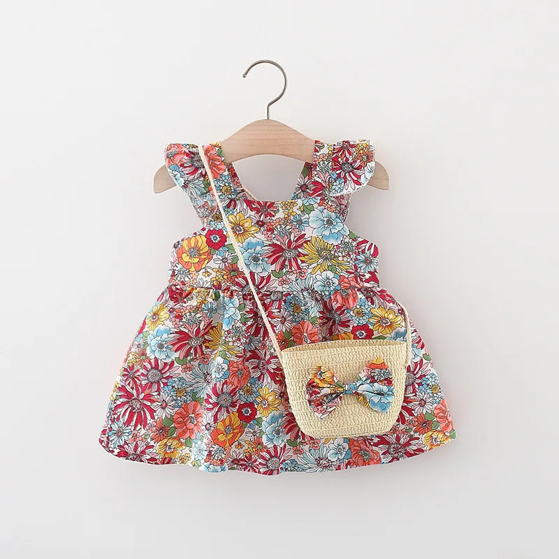 Baby Girl's Floral Fly Sleeve Vestido de algodão com bolsa crossbody, verão, novo, elegante, adequado para bebês de 0 a 3 anos, 2 peças