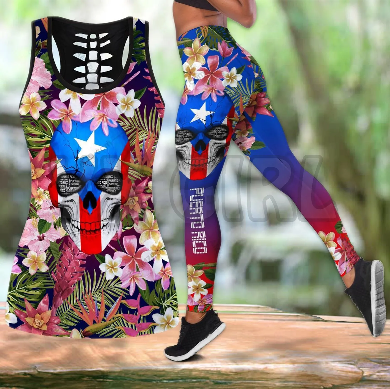 Puerto Rico Flag Skull  3D Printed Tank Top+Legging Combo Outfit Yoga Fitness Legging Women