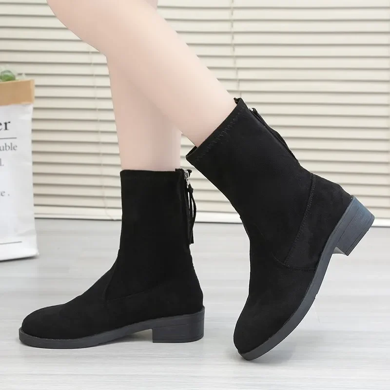 Autumn Winter 2024 New Couple Shoes Women Thick-Soled Casual Plus Size 43 Black Suede Short Boots Fashion Women Boots