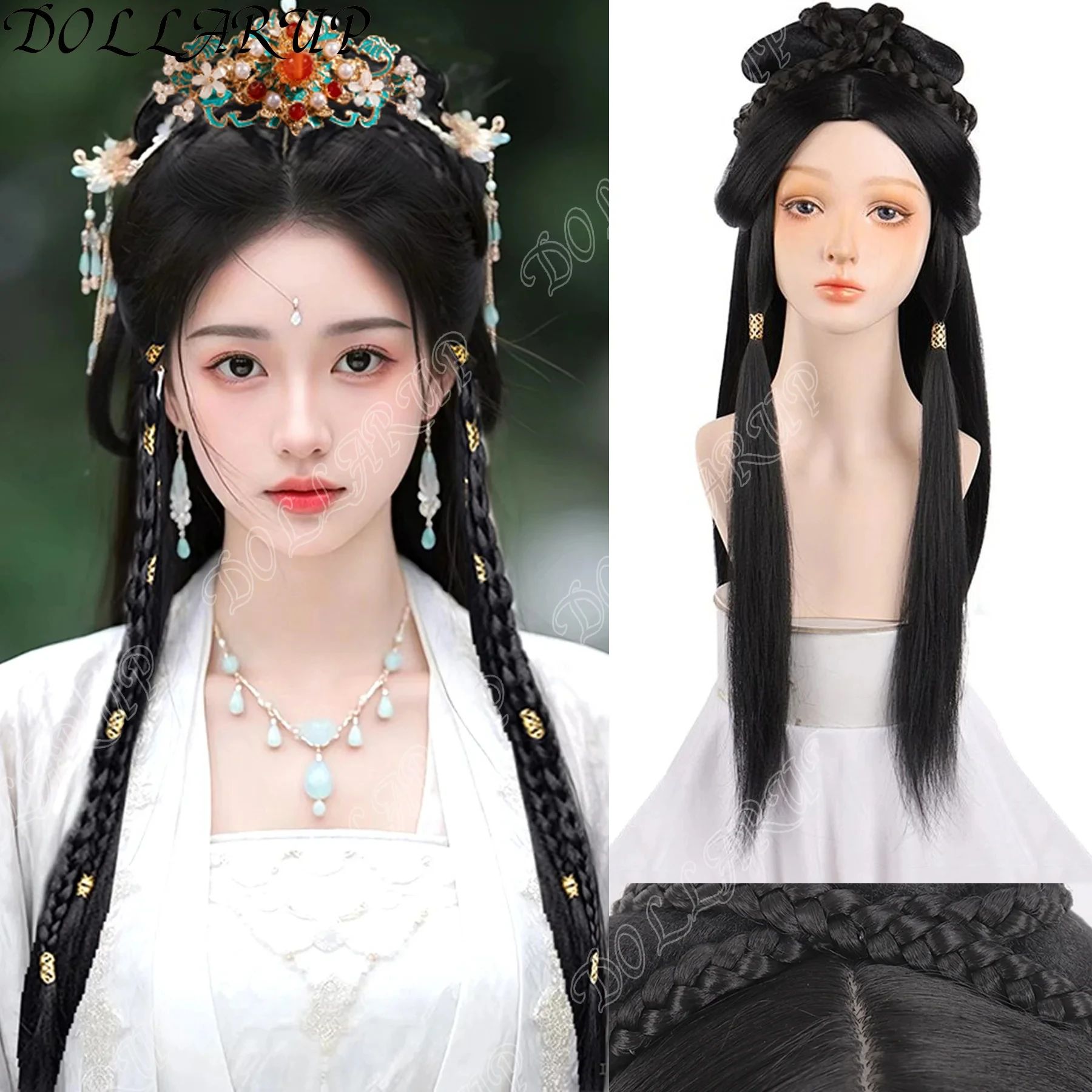 JKL Cosplay Hanfu Wigs Women Chinese Traditional Ancient Hanfu Wigs Female Cosplay Prop Headgear Black Long Straight Wigs For Wo
