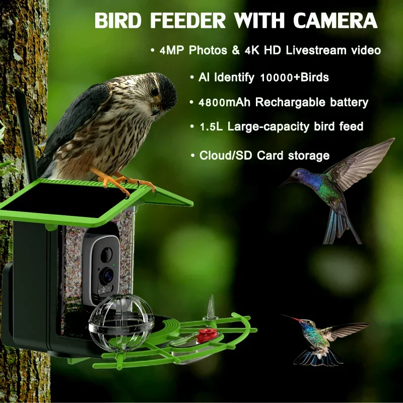 XVIM Bird Smart Feeder with Camera 4MP Solar Low Power Night Vision IP66 Waterproof 4G or WIFI Connect Real Bird Species Feeder