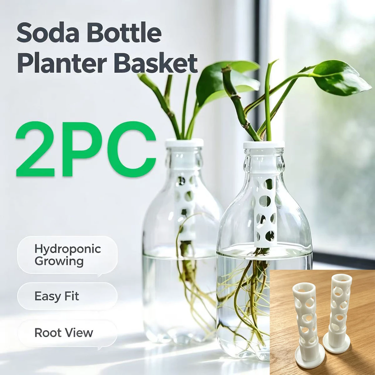 2-Pack Soda Bottle Hydroponic Plant Holder, Transparent Bottle Gardening Basket, Desktop Green Plant Hydroponic Planting Basket
