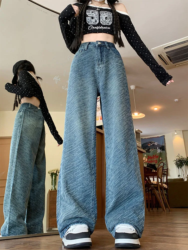 

Джинсы с прямыми штанинами в стиле ретро, синяя текстура, женские свободные джинсы с высокой талией, широкие длинные брюки, осенние новые брюки больших размеров для похудения