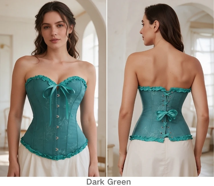 Damen Vintage Jacquard Korsett-Top, trägerlos, mit Rüschen vorne, Busk-Rücken, Schnürung, 20 Farben, für Feiertage, Partys und Abendgarderobe – Detail 28
