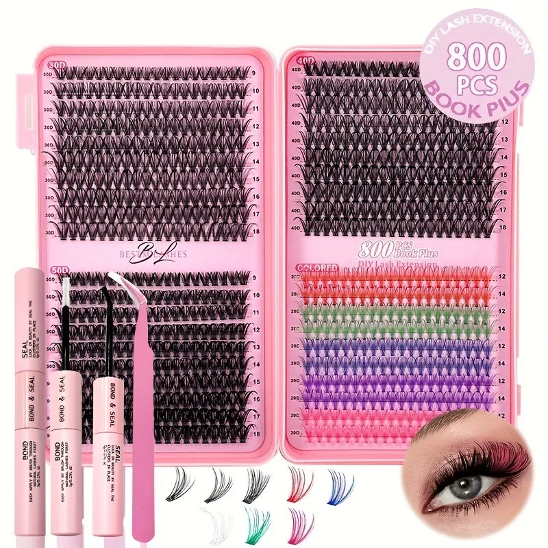 800 Clusters DIY Large Capacity 10mm Length Colorful Mixed Segmented Eyelash Extension Kit Single Tuft False Eyelash Tool Kit