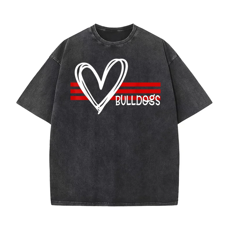 

Bulldogs Team Pride School Spirit White Red Hear Pure Cotton T-shirt For Man Oversized Art Graphic Clothing Printed