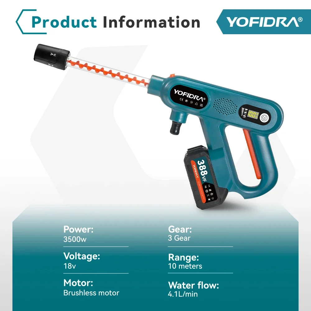 YOFIDRA 250Bar 5 IN 1 Brushless Car Washer Cordless Efficient Household Car Garden Washing Spray Gun For Makita 18V-21V Battery