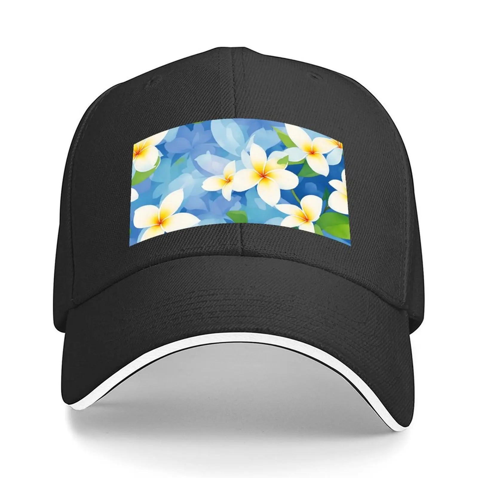 

Hawaiian flowers seamless pattern with flower Frangipani hawaii, green leaves and Blue sky Baseball Cap