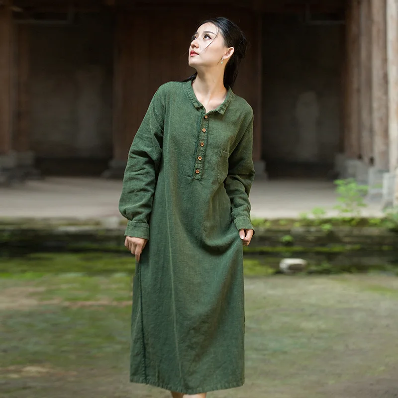 

Autumn Linen Women's New Original Dress: Ramie Brushed Garment-Dyed Zen Robe