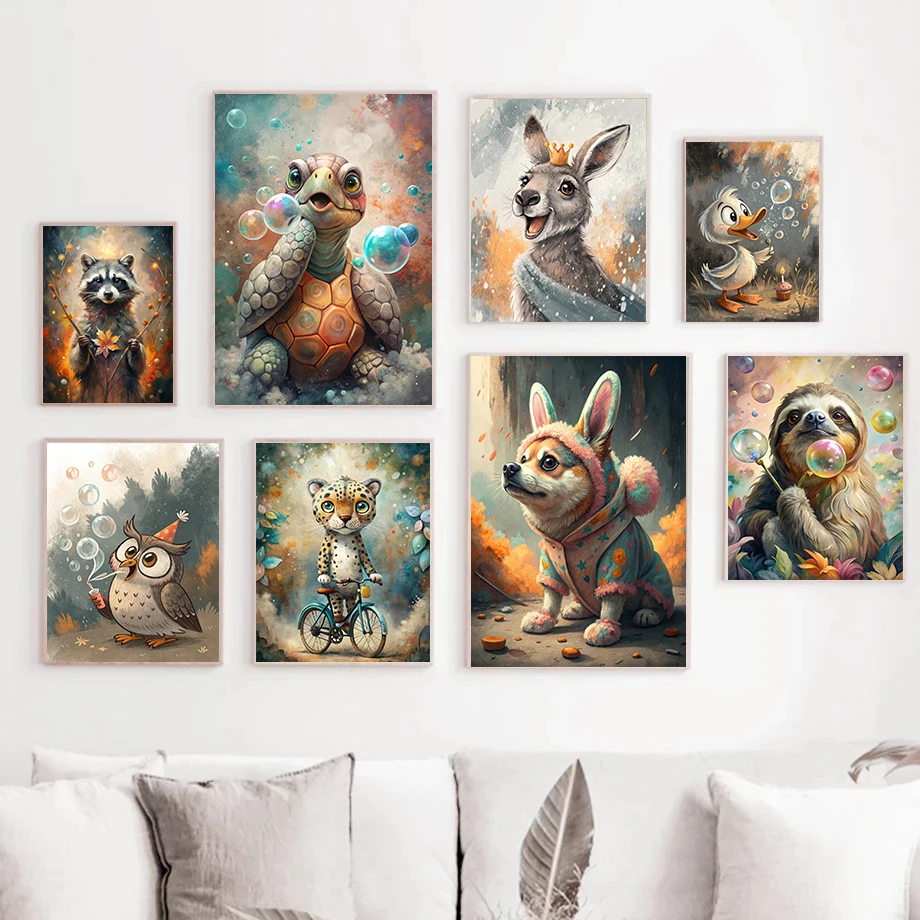 Cute Turtle with Bubbles Posters Animals Autumnal Rabbit Floral Leopard Prints Canvas Painting Wall Art Pictures Home Room Decor