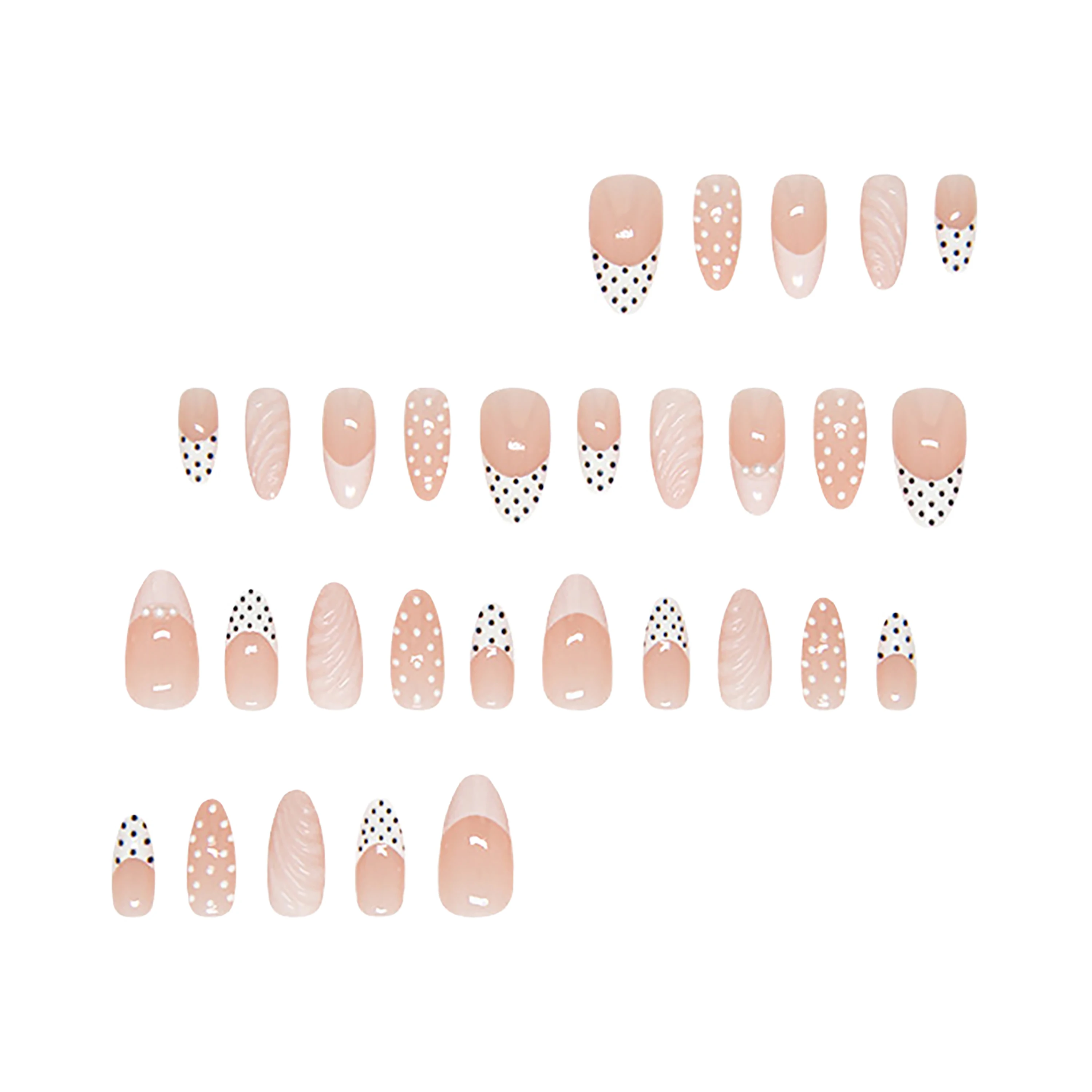 24Pcs Medium Almond Press On Nails, Nude Base With Black White Polka Dot French & 3D Water Ripple Texture Design, Complete False