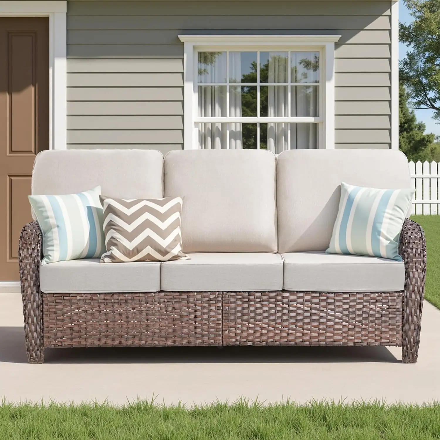 75'' Wicker Sofa 3 Seater High Back Deep Seat Removable Cover Outdoor Patio Furniture For Deck Porch Backyard Beige, Customized