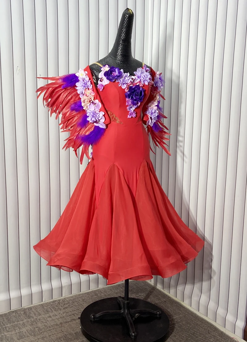 볼룸 댄스 드레스 연습 성인 표준 댄스 의상 왈츠 댄스웨어 연습 룸바 레드 꽃 깃털 팔 조각