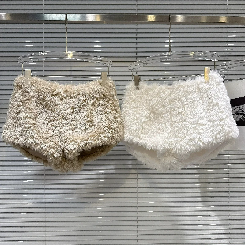 Women Fuzzy Plush Shorts High Waist Faux Fur Fluffy Warm Winter Sexy Cute Cozy Y2K Soft Girl Hot Pants Khaki 2026 White New