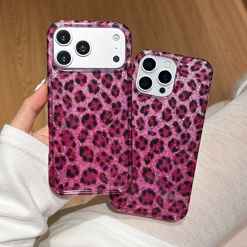 Ins Beliebte Glitzernde Rose Schwarze Leopardenmuster Hülle für iPhone 13 14 15 16 17 18 Pro Max Stoßfeste Harte IMD Rückseite – Detail 11