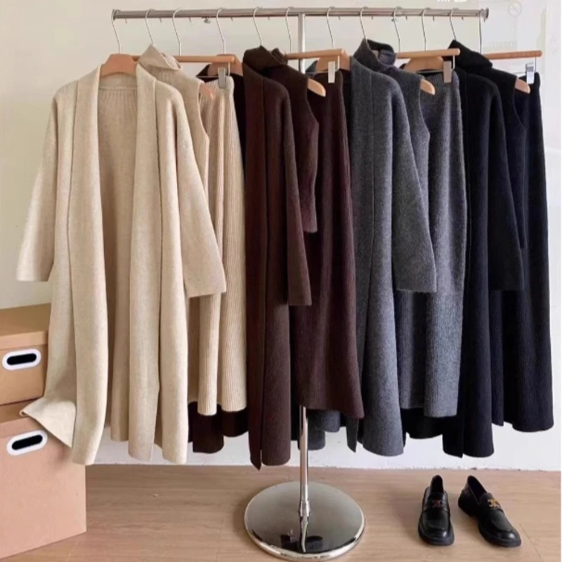 Women Knitted Sweater 3PCS Set Solid Thin Loose Long-sleeved Sweaters Simple Comfortable Cardigan Skirt Casual Lazy Female Suit