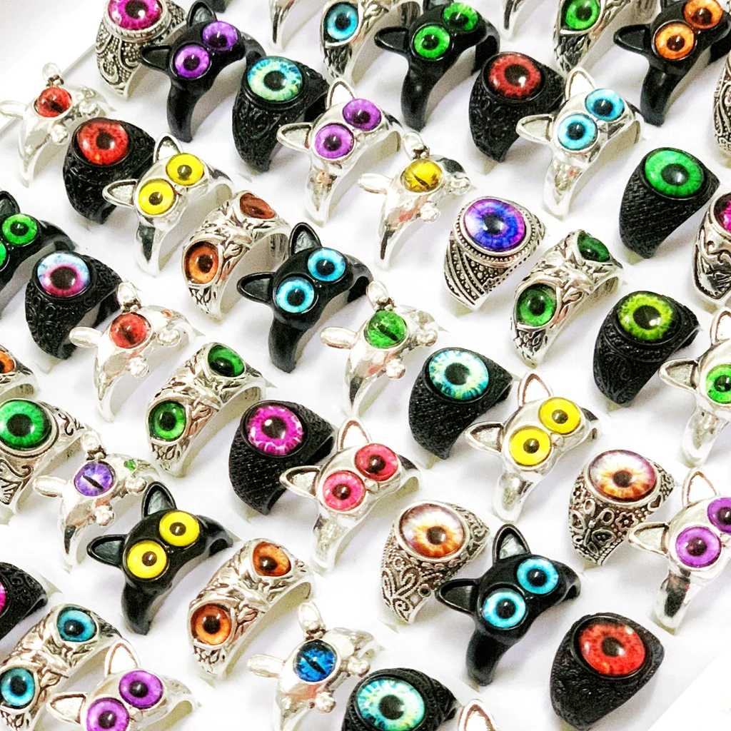 القوطية الحيوان Vintage خواتم للنساء ، معدن مطلي ، حجر ملون ، القط ، البومة ، عين الشر ، مجوهرات الطرف ، مزيج نمط ، لطيف ، 12 قطعة ، مجموعة #6