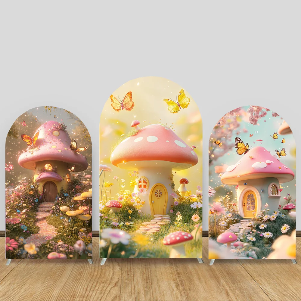 

Fairy Garden Arch Background Cloth Magic Forest Butterfly Mushroom Wedding Birthday Party Decoration Spring Background