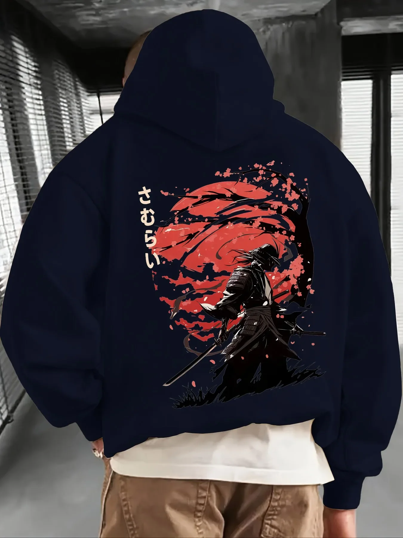 Japanese Samurai Cherry Blossom Red Sun Graphic Hoodie Men Women Vintage Streetwear Pullover Hooded Sweatshirt Loose Fit