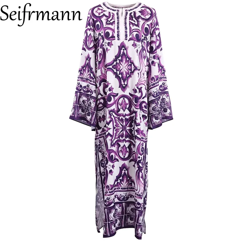 

Seifrmann 2026 Spring Women's New Fashionable High Quality Round Neck Long Sleeve Purple Printed Long Dress