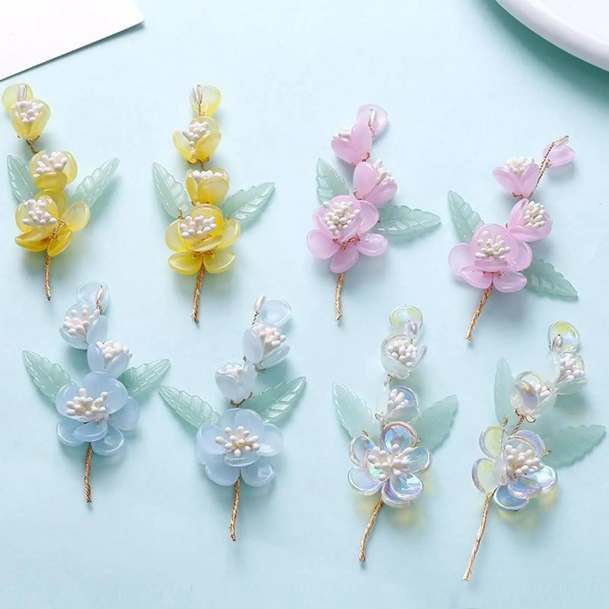 2PCS Handmade Flower with Core Leaf Beaded Charm DIY Jewelry Earrings Hair Clip Brooches Accessories Crafts Decoration Findings