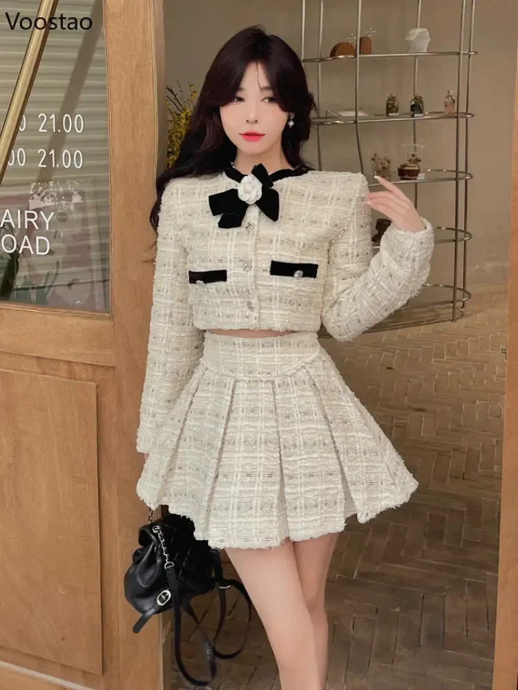 Autumn Winter Korean Skirts 2 Piece Set Women Elegant Bow Short Tweed Jacket Coat Mini Skirt Suit Female Sweet Two Piece Outfits