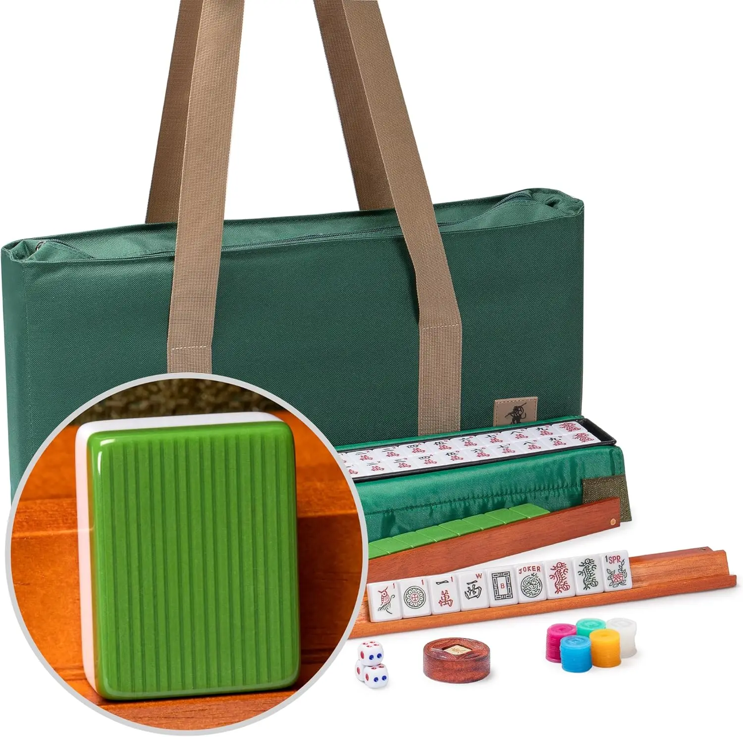 

American Mahjong Set with 166 Melamine Tiles, 4 Racks, Coins, Dice, Green Case