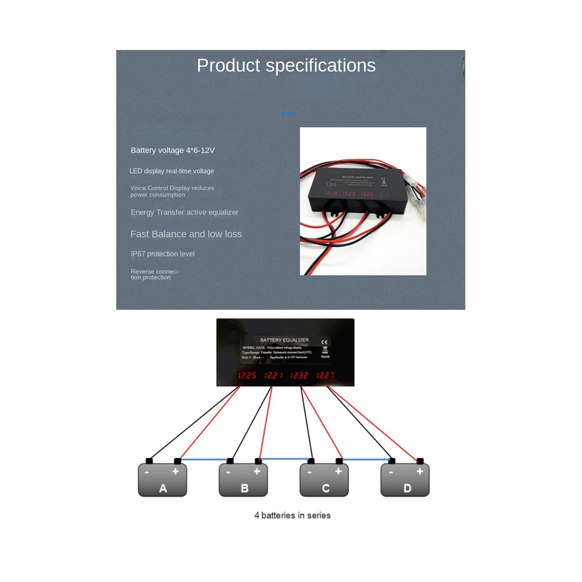 HA12L LED Display Battery Balancer for 4 x 12V Battery Balancer 4S Active Voltage Lead-Acid Li-Ion LiFePO4 Batteries