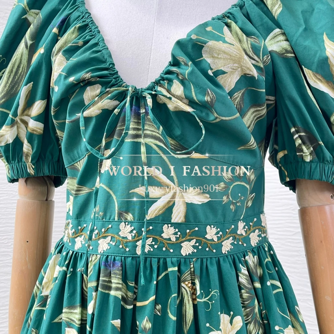 

2025 Women's Fashion Green Ruched Ruffles Pleat Short Sleeve Mini Dress