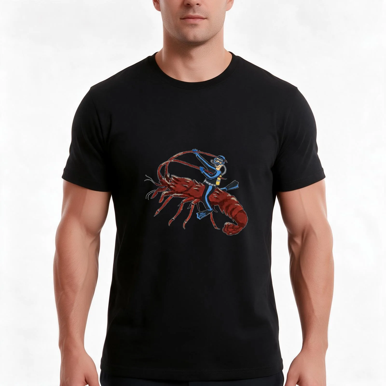Vintage Spiny Lobster Diving with Scuba Diver URM T-Shirt, Summer Casual Cotton Tee, Oversized Streetwear Tops, Unisex Men Women