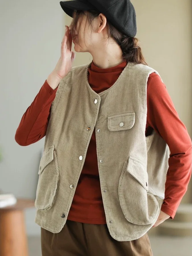 Gilet en velours côtelé pour femmes, vêtements d'extérieur tendance, haut de gamme, haut rond, bouton unique, nouvelle collection automne 2025