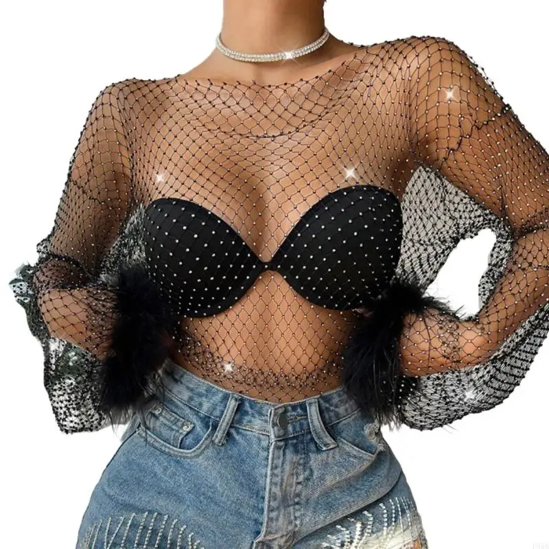 

P88B Shirt Fishnet Long Sleeves Solid Black Top Long Sleeves Crewneck Tops