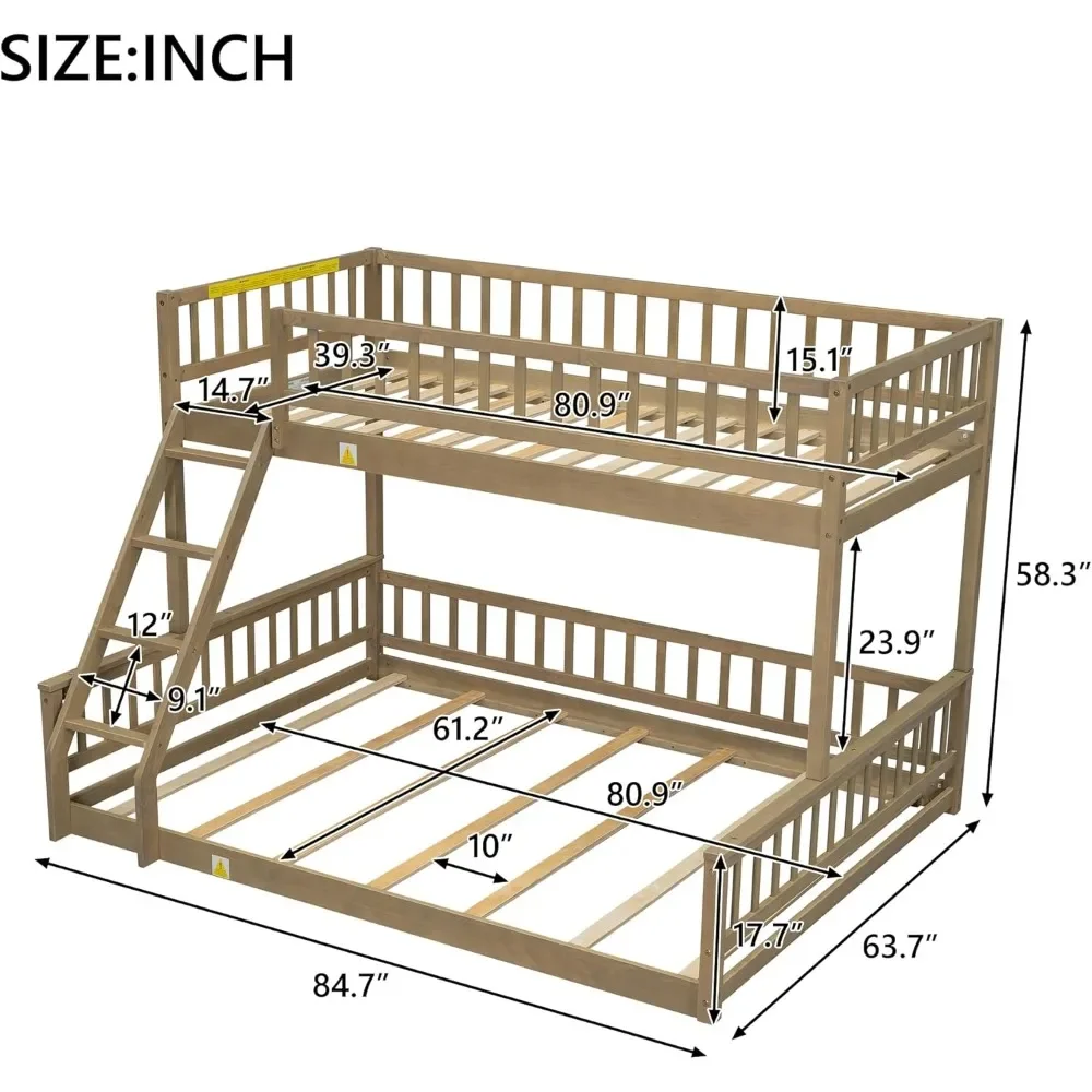 Twin XL Over Queen Wood Bunk Bed with Ladder, Detachable Floor Bunk Bed Frame with Guardrails，No Box Spring Needed，Wood Bunk Bed